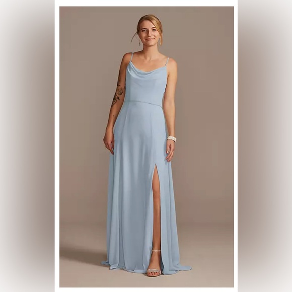 EUC David’s Bridal Cowl Neck Chiffon Dress with Slit - Dusty Blue Size 6 - Picture 1 of 1